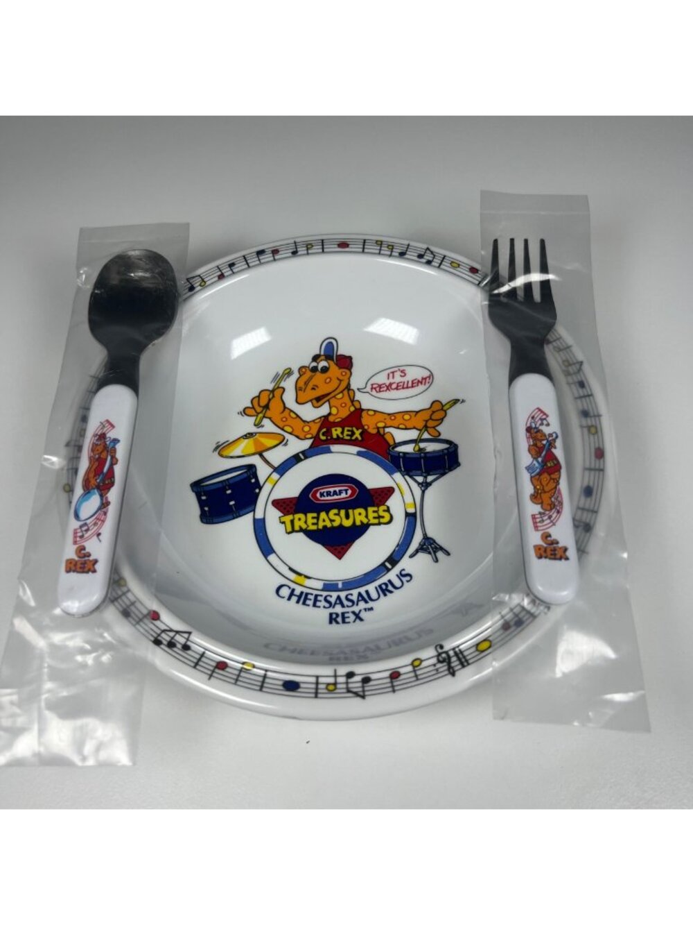 Kraft Macaroni & Cheese Cheesasaurus Rex Melamine Bowl & Spoon fork Set 1987